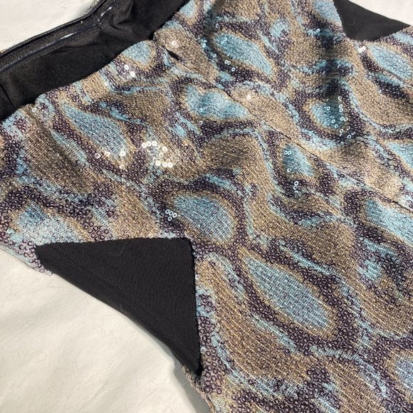 Marineblu Strapless Snake Print Blue & Brown Sequin Mini Dress with Mesh - Picture 3 of 13